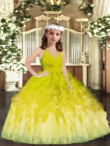 Fashionable Olive Green Ball Gowns Tulle V-neck Sleeveless Ruffles Floor Length Zipper Pageant Gowns For Girls