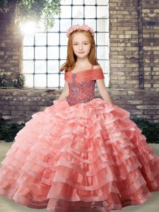 Sweet Straps Sleeveless Organza Little Girl Pageant Gowns Beading and Ruffled Layers Brush Train Lace Up