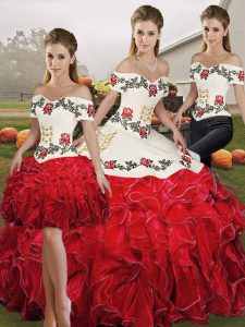 Off The Shoulder Sleeveless Organza Vestidos de Quinceanera Embroidery and Ruffles Lace Up