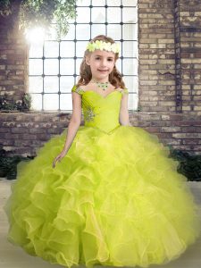 Modern Yellow Green Ball Gowns Organza Straps Sleeveless Beading and Ruffles Floor Length Lace Up Kids Formal Wear