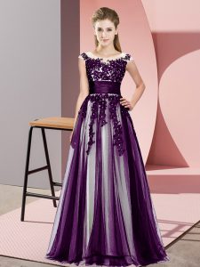 Fantastic Sleeveless Floor Length Beading and Lace Zipper Quinceanera Dama Dress with Dark Purple