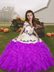 Organza Straps Sleeveless Lace Up Beading and Ruffles Child Pageant Dress in Purple