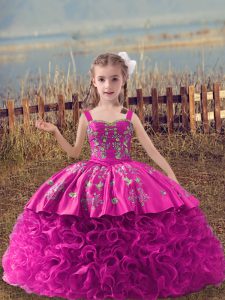 Perfect Straps Sleeveless Sweep Train Lace Up Kids Pageant Dress Fuchsia Fabric With Rolling Flowers