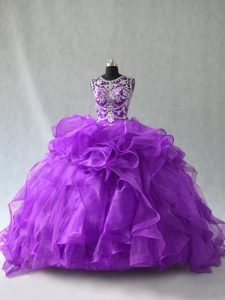 Purple Lace Up Vestidos de Quinceanera Beading and Ruffles Sleeveless Floor Length