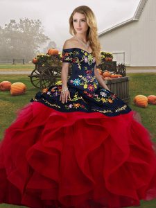 Red And Black Ball Gowns Tulle Off The Shoulder Sleeveless Embroidery and Ruffles Floor Length Lace Up Vestidos de Quinceanera