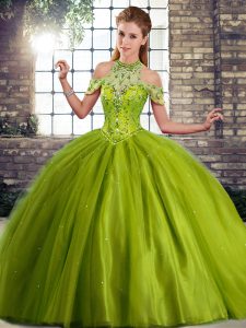 Customized Sleeveless Beading Lace Up 15 Quinceanera Dress with Olive Green Brush Train