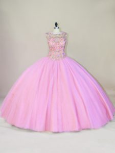 Pink Quinceanera Gowns Tulle Sleeveless Beading
