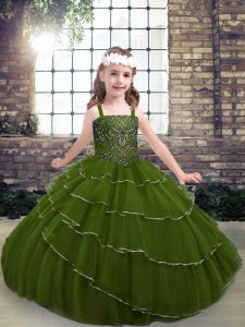 Glorious Tulle Straps Sleeveless Lace Up Beading and Ruffled Layers Kids Pageant Dress in Olive Green