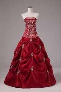 Delicate Sleeveless Floor Length Embroidery and Pick Ups Lace Up Vestidos de Quinceanera with Wine Red