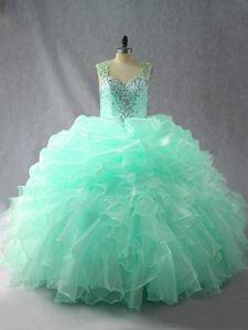 Glorious Organza Straps Sleeveless Zipper Beading and Ruffles and Pick Ups Quinceanera Dresses in Apple Green