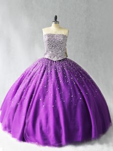 Low Price Purple Strapless Lace Up Beading Quinceanera Dresses Sleeveless