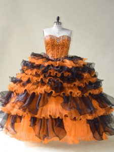 Comfortable Orange Ball Gowns Sweetheart Sleeveless Organza Floor Length Lace Up Beading Quince Ball Gowns
