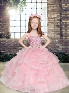 Hot Selling Straps Sleeveless Child Pageant Dress Floor Length Beading and Ruffles Pink Tulle