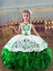 Scoop Sleeveless Lace Up Little Girls Pageant Gowns Green Organza