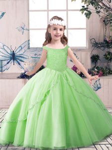 Simple Ball Gowns Tulle Off The Shoulder Sleeveless Beading Floor Length Lace Up Little Girls Pageant Dress Wholesale