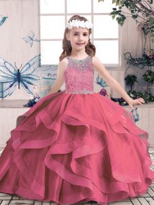 Red Ball Gowns Scoop Sleeveless Tulle Floor Length Lace Up Beading and Ruffles Little Girl Pageant Gowns