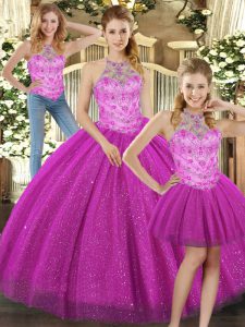 Hot Sale Fuchsia Three Pieces Halter Top Sleeveless Tulle Floor Length Lace Up Beading 15 Quinceanera Dress