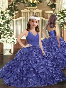 High Class Floor Length Lavender Little Girls Pageant Gowns Organza Sleeveless Ruffles