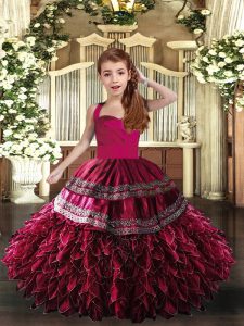 Perfect Hot Pink and Fuchsia Ball Gowns Straps Sleeveless Organza Floor Length Lace Up Appliques and Ruffles Pageant Gowns For Girls