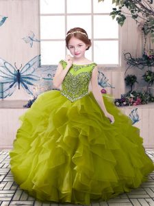Sleeveless Floor Length Beading and Ruffles Zipper Kids Pageant Dress with Olive Green
