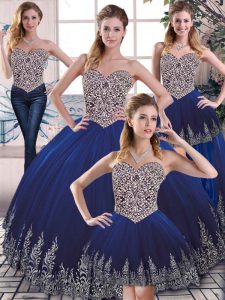 Stunning Floor Length Royal Blue 15th Birthday Dress Tulle Sleeveless Embroidery