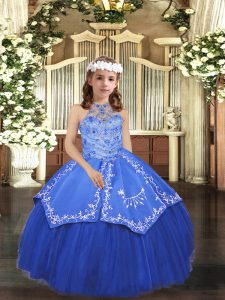 New Style Royal Blue Tulle Lace Up Kids Formal Wear Sleeveless Floor Length Beading and Appliques