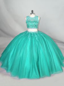 Wonderful Floor Length Turquoise Sweet 16 Quinceanera Dress Tulle Sleeveless Beading