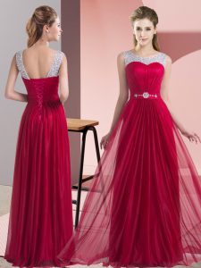 Modest Floor Length Lace Up Dama Dress for Quinceanera Wine Red for Wedding Party with Beading and Belt