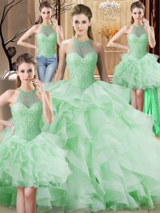 Edgy Apple Green Lace Up Sweet 16 Quinceanera Dress Beading and Ruffles Sleeveless Brush Train