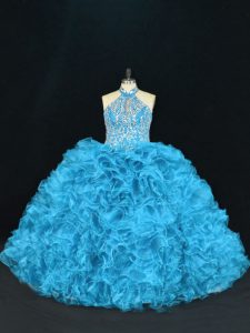 Organza Halter Top Sleeveless Lace Up Beading and Ruffles 15 Quinceanera Dress in Blue