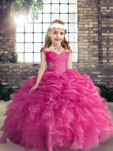 Hot Pink Ball Gowns Beading and Ruffles and Pick Ups Little Girl Pageant Dress Lace Up Organza Sleeveless Floor Length