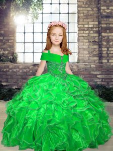 Lace Up Little Girl Pageant Dress Beading and Ruffles Sleeveless Floor Length