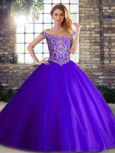 Super Purple Lace Up Sweet 16 Quinceanera Dress Beading Sleeveless Brush Train