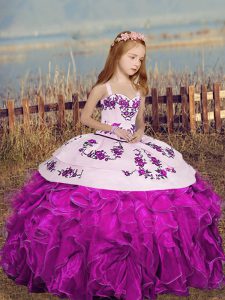 Charming Fuchsia Straps Lace Up Embroidery and Ruffles Kids Pageant Dress Sleeveless