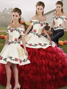 Wine Red 15th Birthday Dress Military Ball and Sweet 16 and Quinceanera with Embroidery and Ruffled Layers Off The Shoulder Sleeveless Lace Up