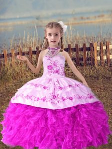 Halter Top Sleeveless Organza Little Girls Pageant Gowns Beading and Embroidery and Ruffles Lace Up