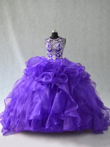 Purple Scoop Lace Up Beading and Ruffles Vestidos de Quinceanera Sleeveless