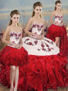 Attractive Floor Length Lace Up Ball Gown Prom Dress White And Red for Military Ball and Sweet 16 and Quinceanera with Embroidery and Ruffles and Bowknot