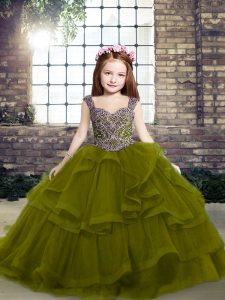 Admirable Olive Green Sleeveless Floor Length Beading and Ruffles Lace Up Pageant Gowns For Girls