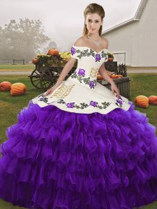 Off The Shoulder Sleeveless Lace Up Quinceanera Gown White And Purple Organza