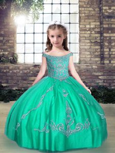 Affordable Off The Shoulder Sleeveless Tulle Pageant Dress for Teens Beading Lace Up