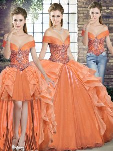 Edgy Orange Three Pieces Off The Shoulder Sleeveless Organza Floor Length Lace Up Beading and Ruffles Quinceanera Gown