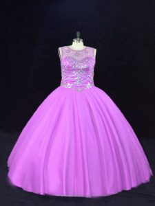 Sophisticated Tulle Scoop Sleeveless Lace Up Beading Sweet 16 Quinceanera Dress in Lilac