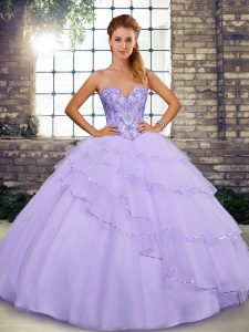 Vintage Lavender Tulle Lace Up 15th Birthday Dress Sleeveless Brush Train Beading and Ruffled Layers