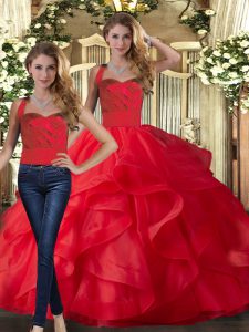 Traditional Sleeveless Floor Length Ruffles Lace Up 15th Birthday Dress with Red