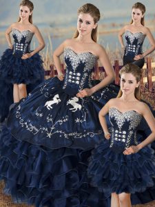 Enchanting Sleeveless Organza Floor Length Lace Up Quinceanera Dress in Navy Blue with Embroidery and Ruffles