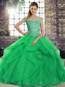 Trendy Green Off The Shoulder Neckline Beading and Ruffles 15th Birthday Dress Sleeveless Lace Up