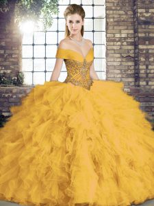 Low Price Gold Lace Up Ball Gown Prom Dress Beading and Ruffles Sleeveless Floor Length