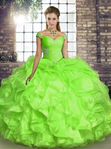 Inexpensive Yellow Green Lace Up Quinceanera Gowns Beading and Ruffles Sleeveless Floor Length