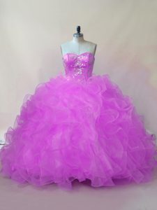 Clearance Sleeveless Organza Floor Length Lace Up Vestidos de Quinceanera in Lilac with Beading and Ruffles